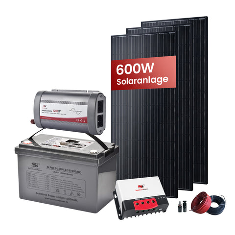 600 Watt Solaranlage : 3 x 200W Solarmodule, 12/24V 50A MPPT Ladecontroller, 12V 100AH Batteriespeicher, 1200W PV Wechselrichter, Solarkabel und MC4-Steckverbinder | Sunstone Power Industrial GmbH | Deutschland/DE-Lager | PV-Anlagen Produkte kaufen