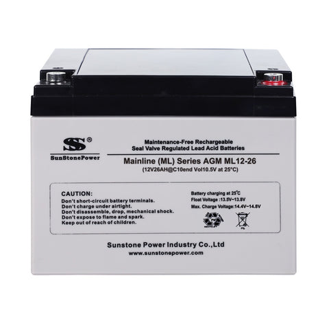12V 26Ah wiederaufladbare AGM Energie Speicher für USV Solar Anlage | Sunstone Power ML-Serie