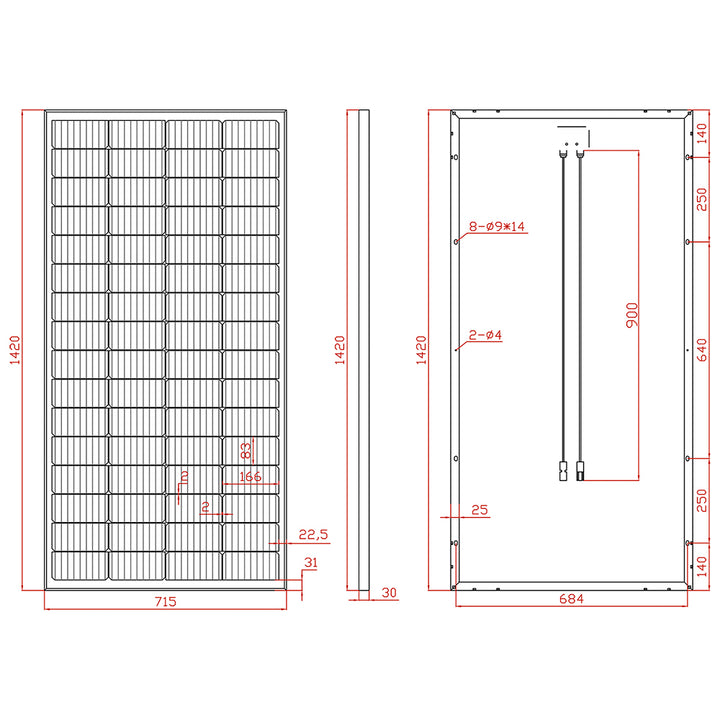 Solarmodul SPMB200 Abmessungen und Bohrungspositionen | Sunstone Power