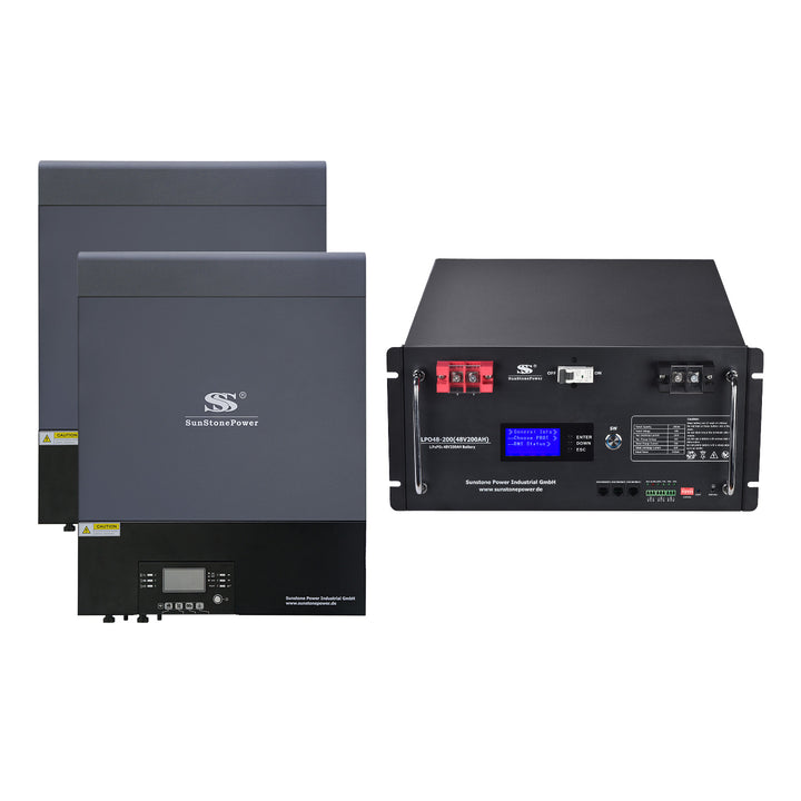 Photovoltaik Batterie Wechselrichter Bundle KAUFEN: Wechselrichter für PV-Solaranlage 2 Stück 8KW  1 Phasig, 48V LiFePO4 Akku 9,6KWh | Sunstone Power Industrial GmbH