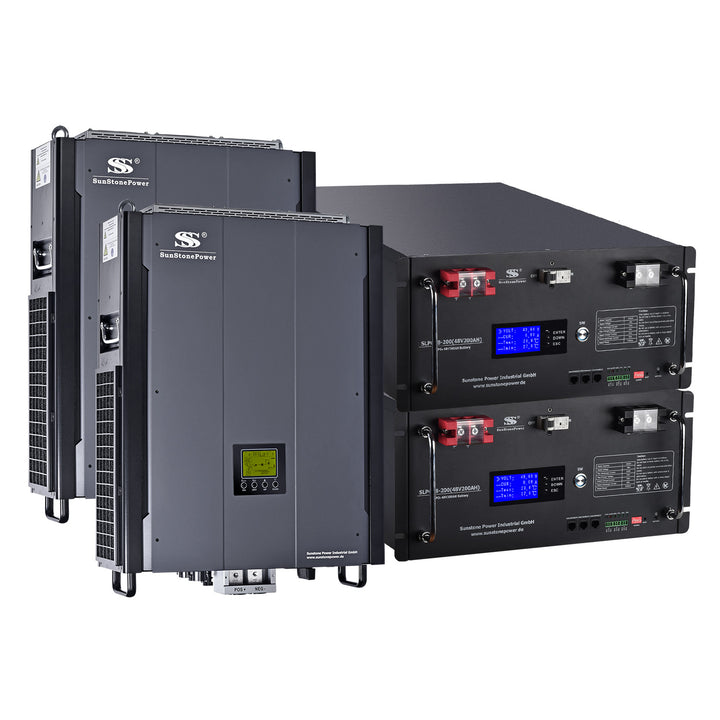 Batteriespeicher mit Wechselrichter Bundle KAUFEN: 2x Wechselrichter PV Anlage 10KW 3 Phasig, 2x LiFePO4 Batterie Speicher 48V 9,6KWH | Sunstone Power Industrial GmbH