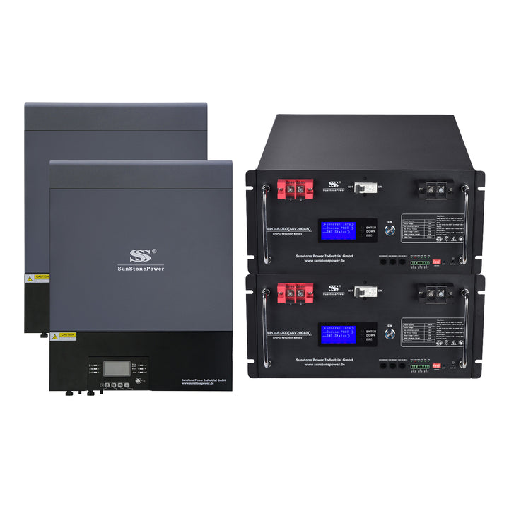 Stromspeicher mit Wechselrichter Bundle KAUFEN: 2x Wechselrichter für PV-Solaranlage 11KW 1 Phasig, 2x 48V LiFePO4 Akku 9,6KWh | Sunstone Power Industrial GmbH